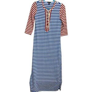 J Crew Nautical Baltic Maxi Midi Dress‎ Patriotic Lace Up Front Red Blue XS NICE